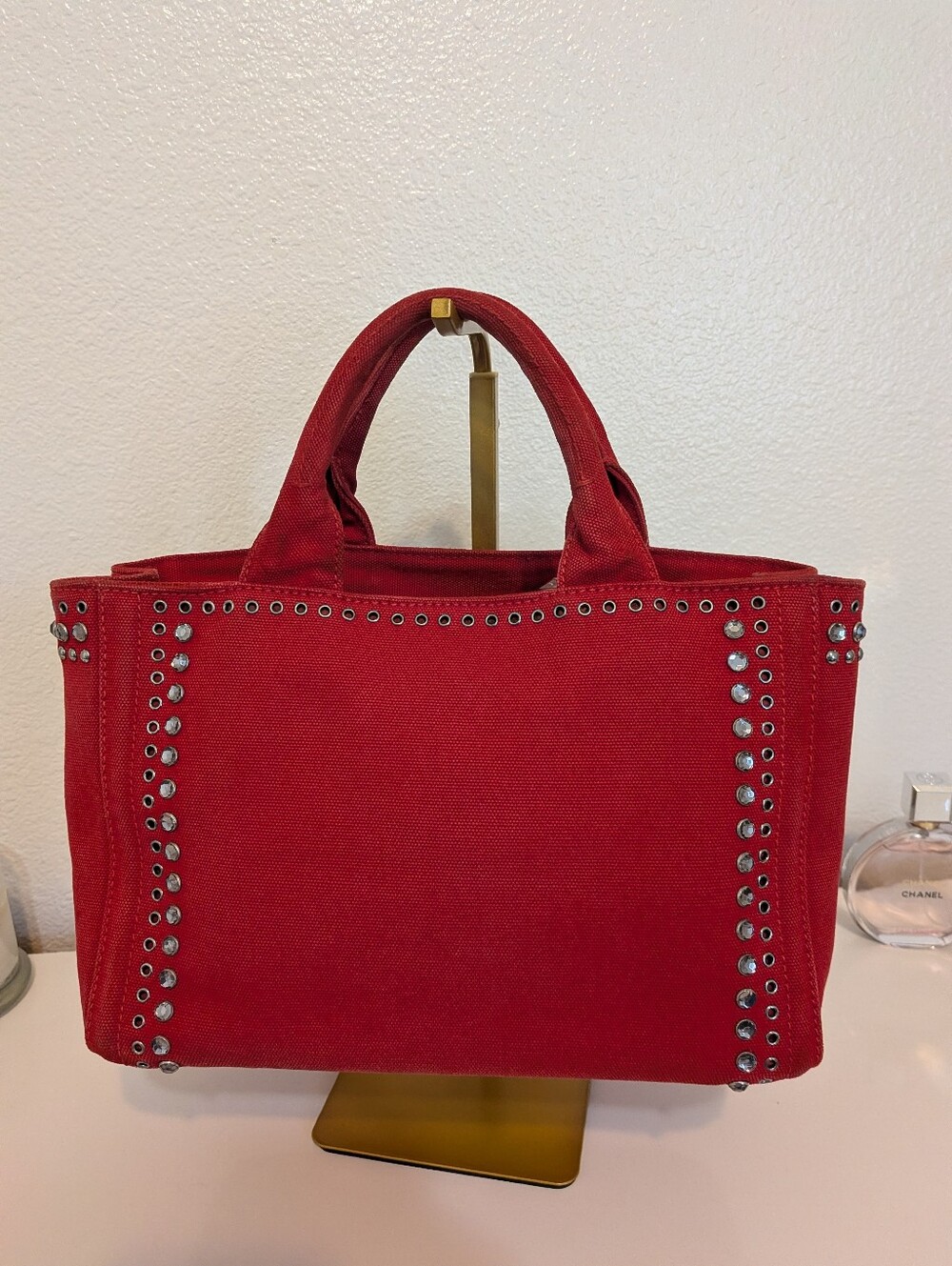 Prada Canapa Red Studded Rhinestone Small Satchel - Picture 2 of 13